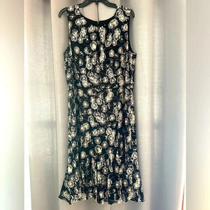 Talbots dandelion print midi dress black white business casual ruffles size 16